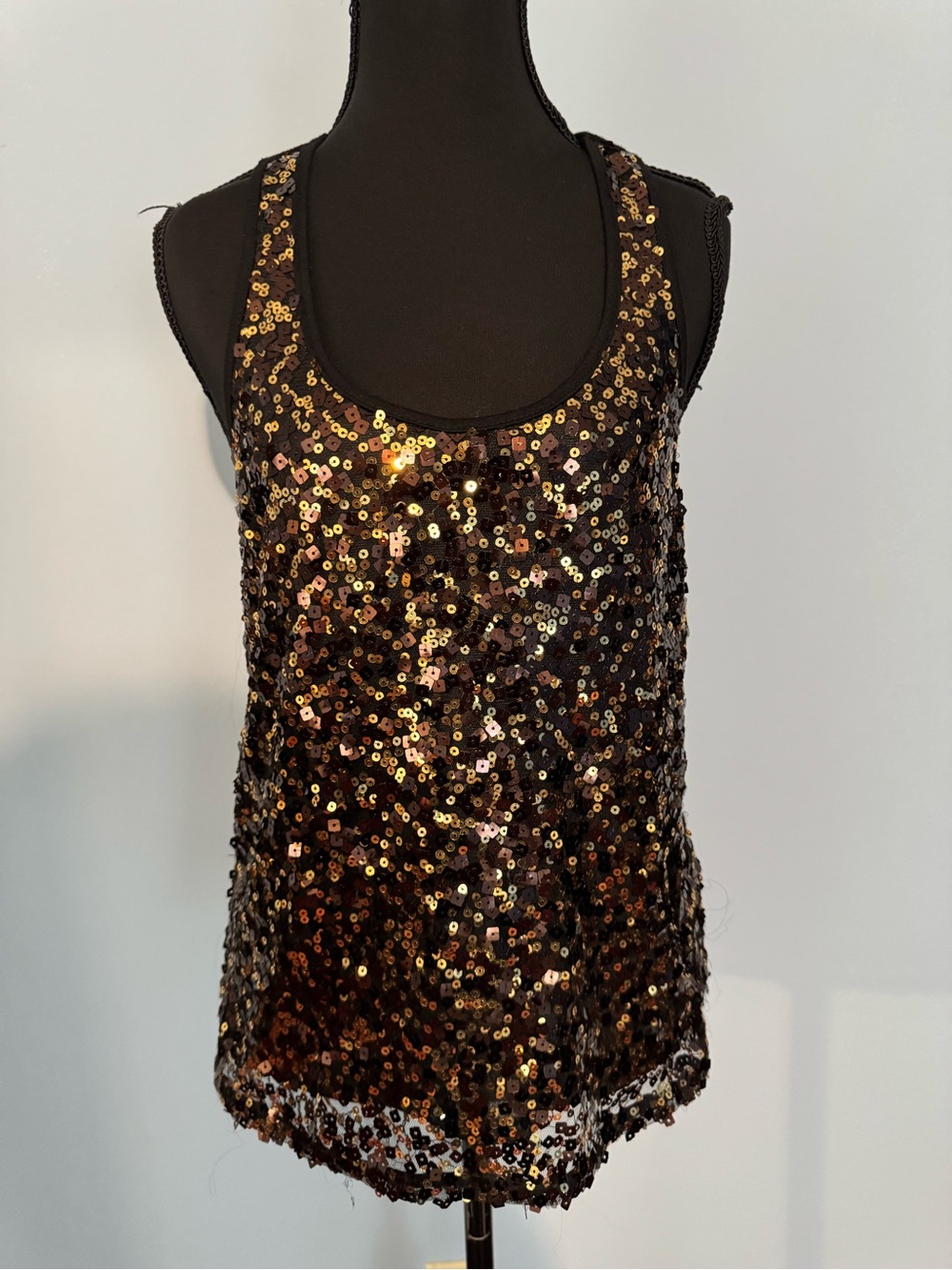Material Girl Black and Gold Sequin Tank